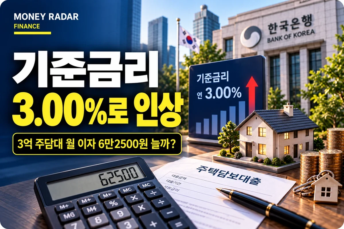기준금리 3.00%로 인상｜3억 주담대 월 이자 6만2500원 늘까?