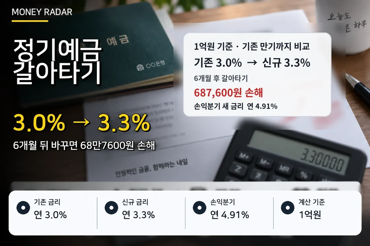 정기예금 갈아타기 계산｜1억·연 3.0%→3.3%면 손해?